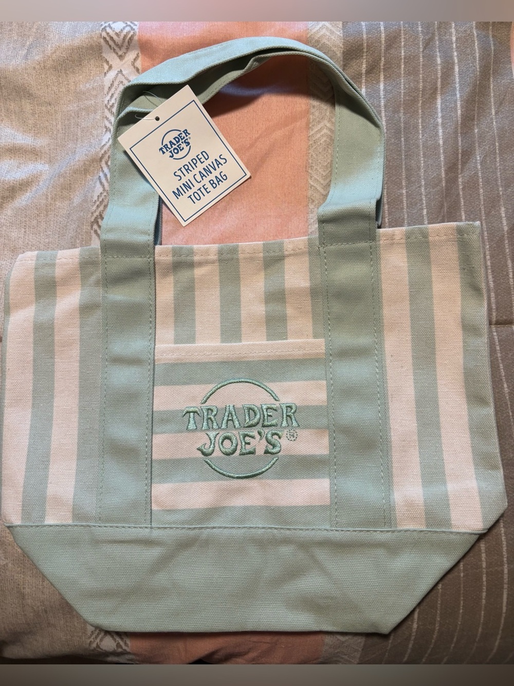 Trader Joe's Mint & Cream Striped Canvas Tote Bag